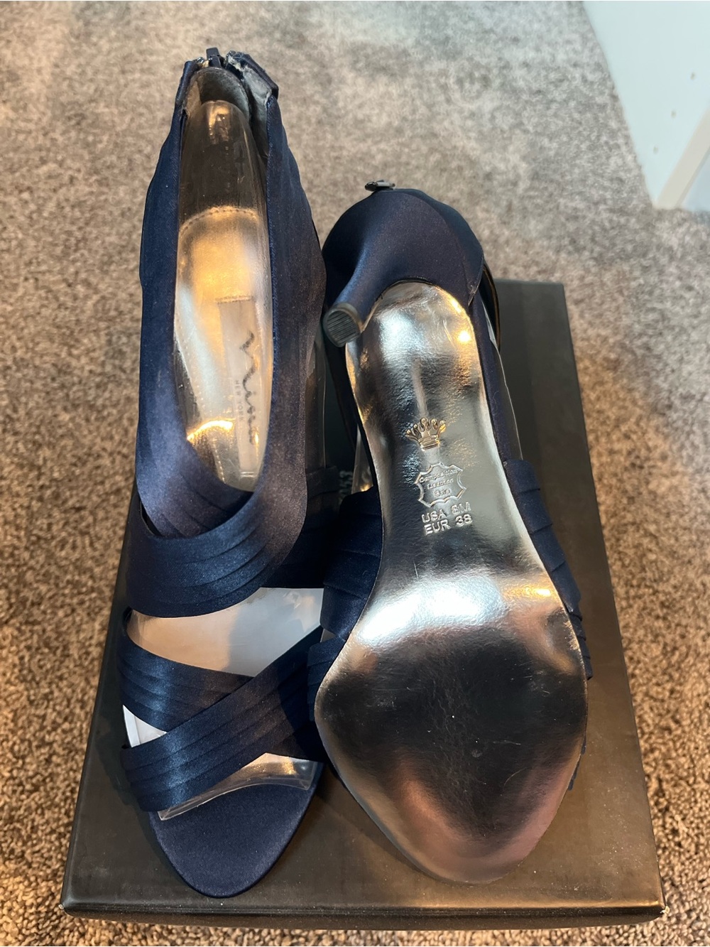 Nina Navy Satin Strappy Peep-Toe Heels